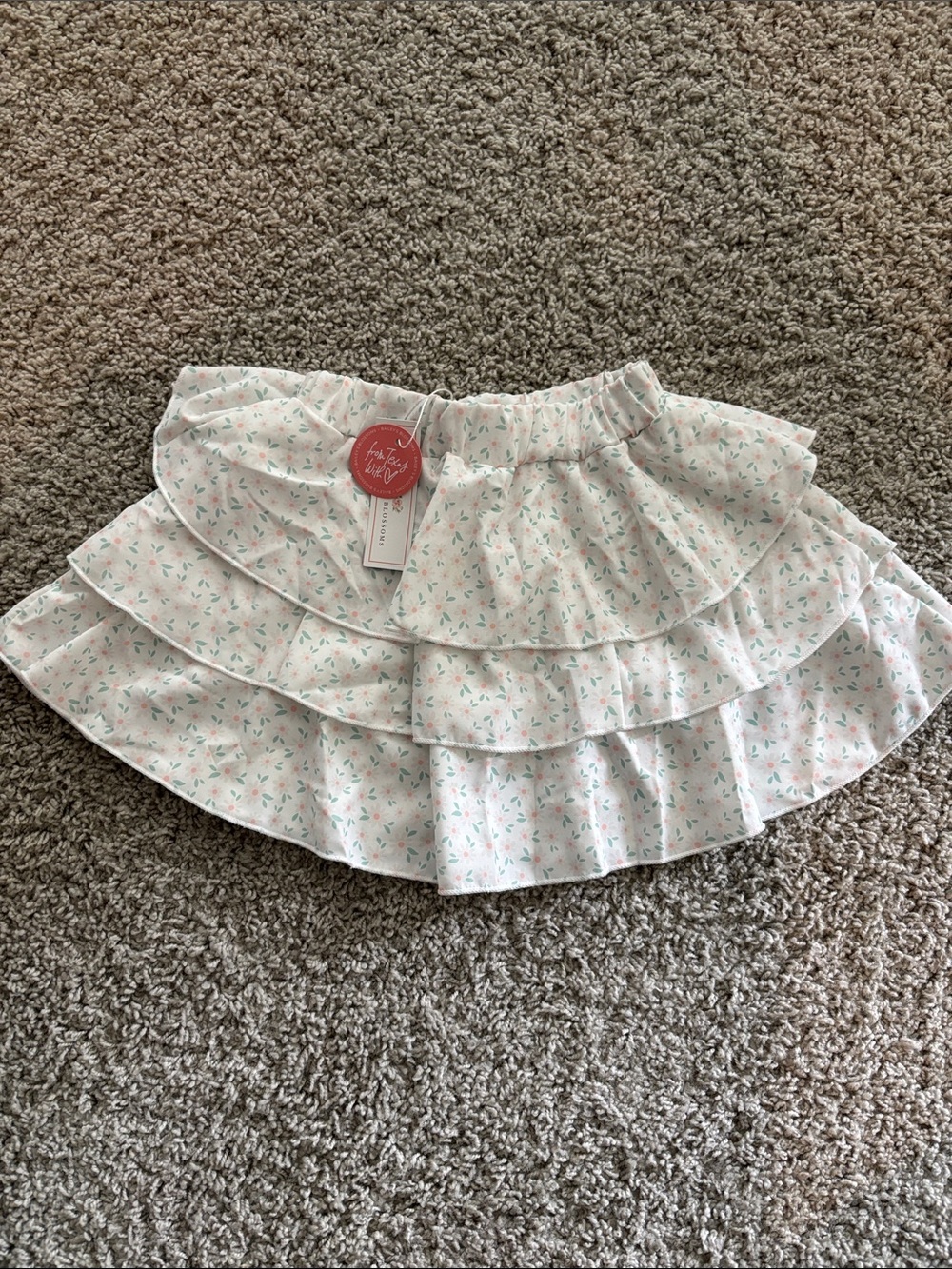 Girls' Ruffled Floral Tiered Skirt - White with Pink & Green
